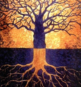 Tree with roots going into the ground and up into the sky