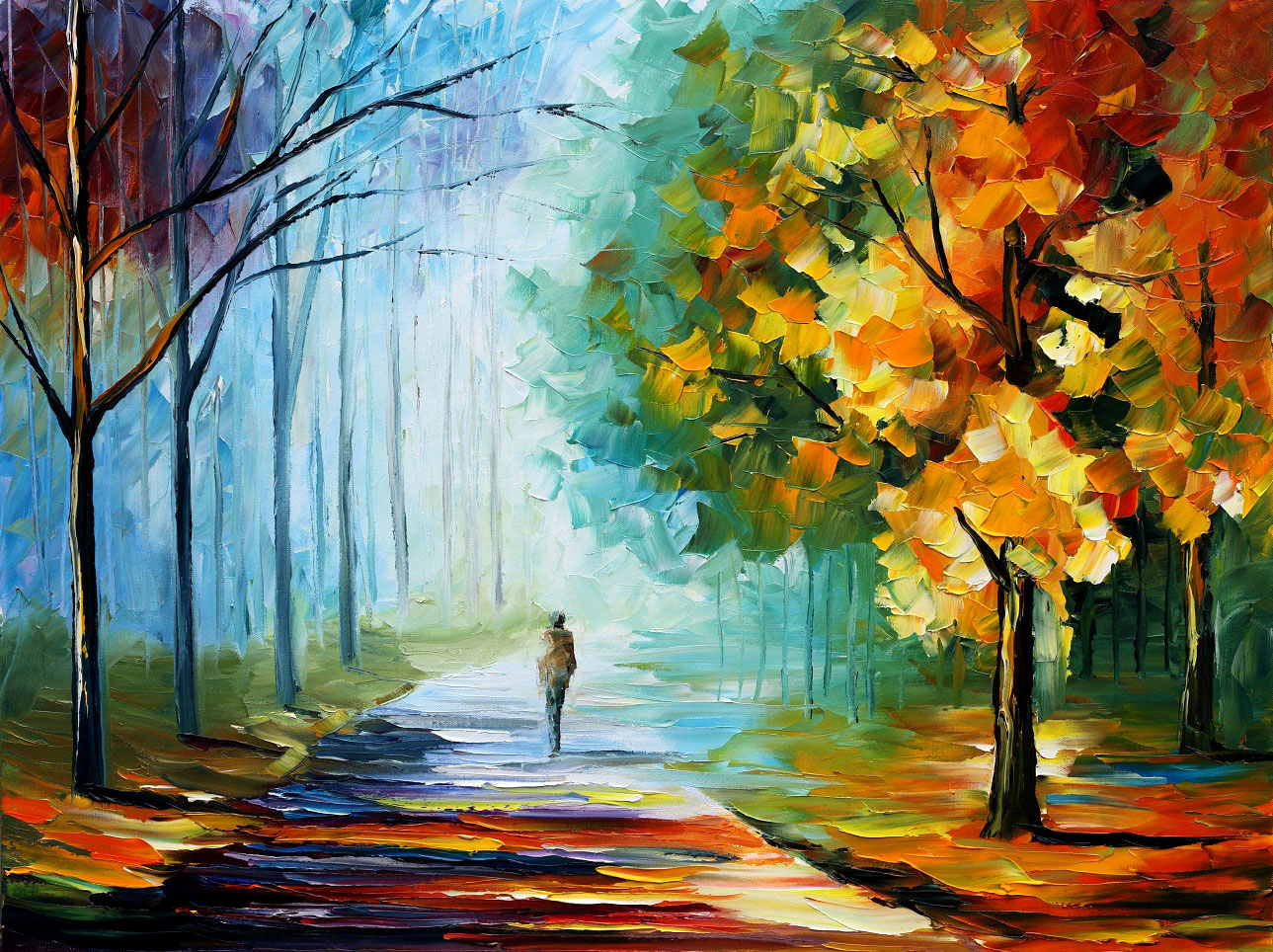 Painting of a lonely person walking alone along a path with colorful trees around
