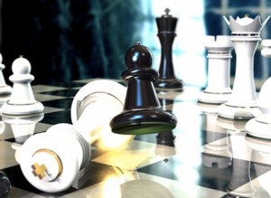 Chess board with king and pawn pieces