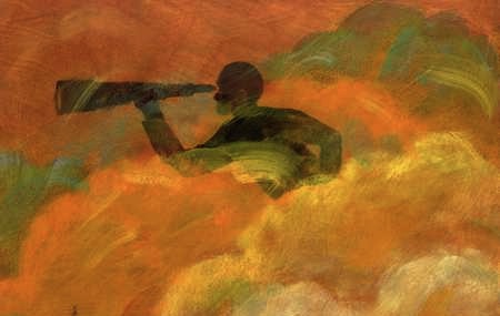 Painting of a man searching in the fog for an answer