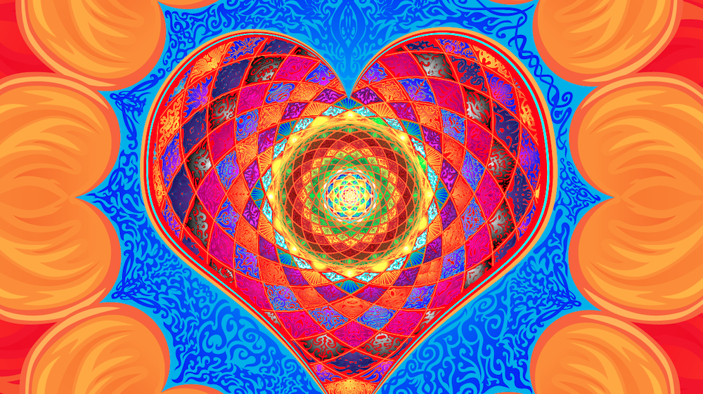Painting of a heart with bright orange and red colours signifying opening your heart to the world