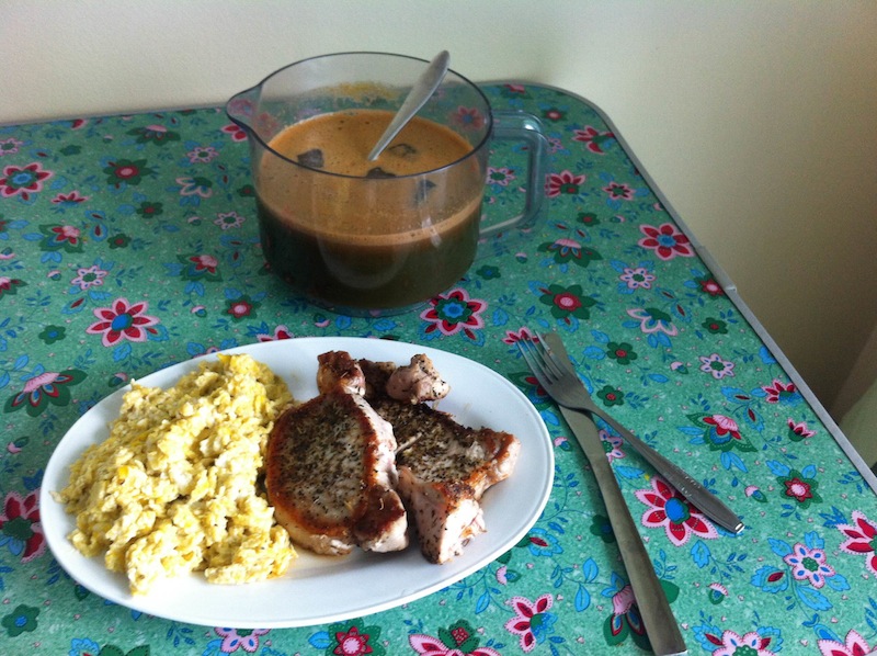 Pork chops, eggs, and green juice