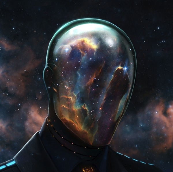 Man with the universe and cosmos reflected in his space mask