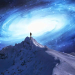 Man standing at the top of a mountain looking out at the universe to signify the mystery of consciousness and humanity's place in existence