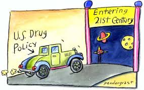 Cartoon depicting US drug policy slowly entering the 21st century