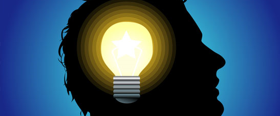Lightbulb inside the silhouette of a man's head to represent the feeling of being stimulated that comes from modafinil