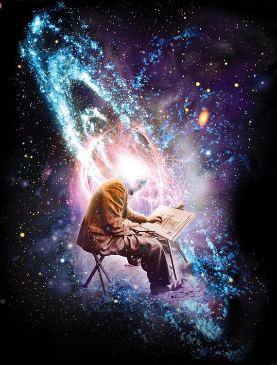 A man doing creative work and being surrounded by light and the cosmos to represent inspiration by the muses