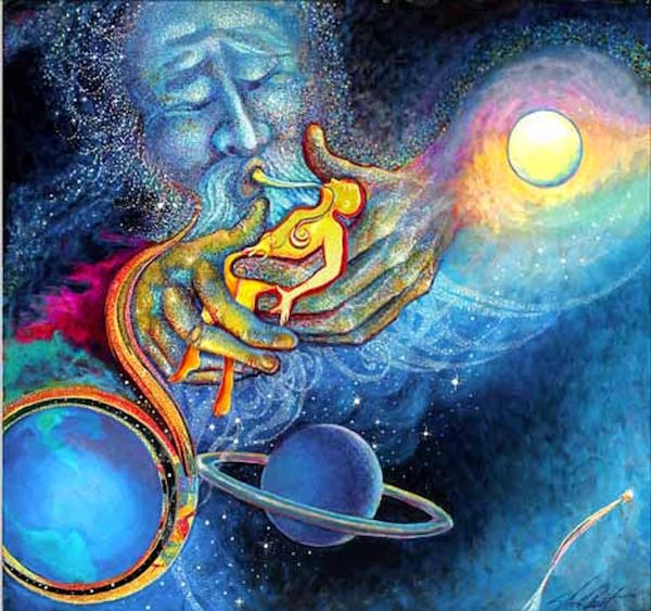 Artwork of God breathing life into a human to represent Sat Chit Ananda