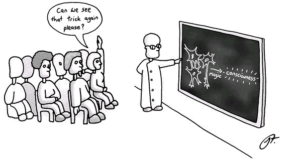 Comic with a scientist demonstrating how we do not understand where consciousness comes from (the hard problem of consciousness)