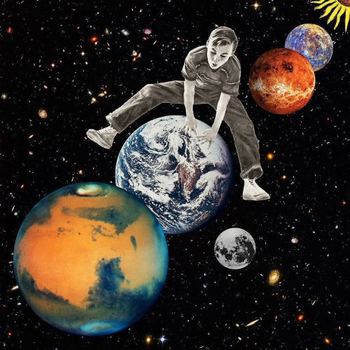 A boy leapfrogging over planets to represent humanity exploring the galaxy and universe