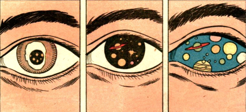 Graphic of a person's pupil being filled with the cosmos to represent the psychedelic experience
