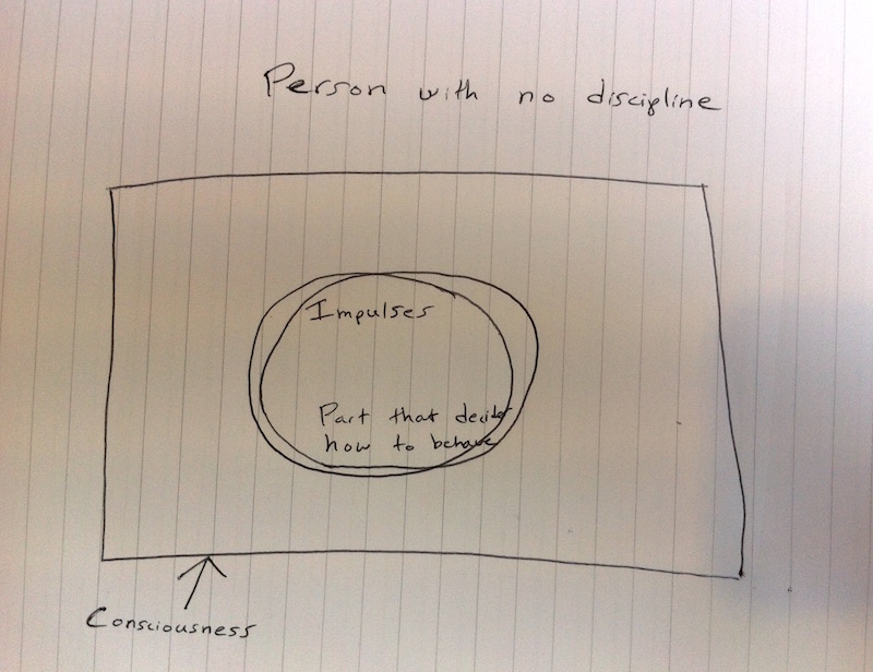 Drawing demonstrating the behaviour of a person with no discipline within consciousness with a mental model