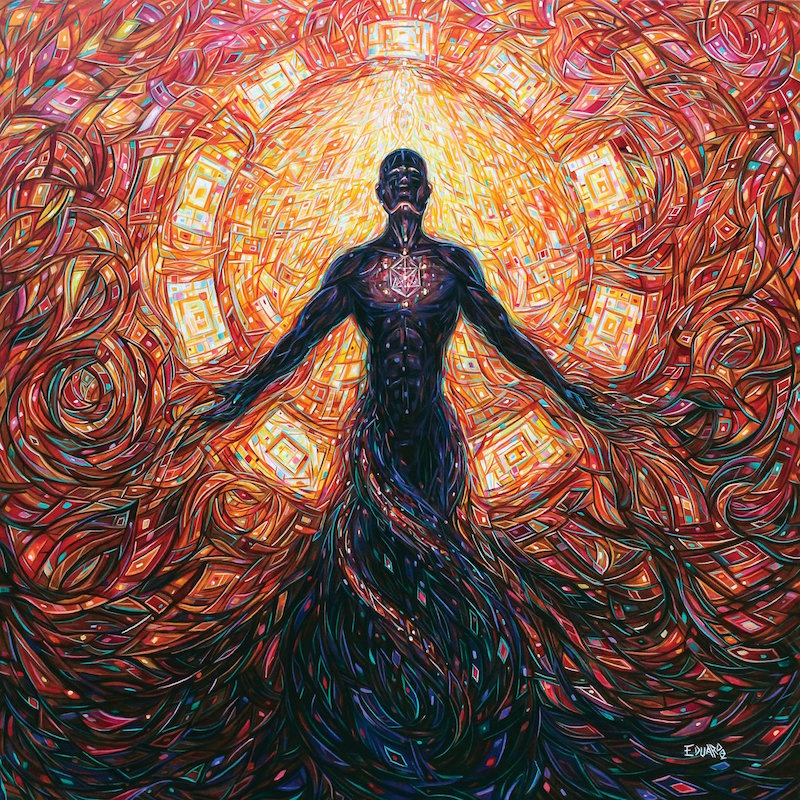 Artwork of a man intertwined with the world and light shining through his heart to represent opening your heart and following your deep feelings