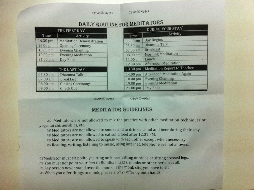 Meditation retreat guidelines for vipassana silent retreats at Doi Suthep Buddhist temple in Chiang Mai, Thailand