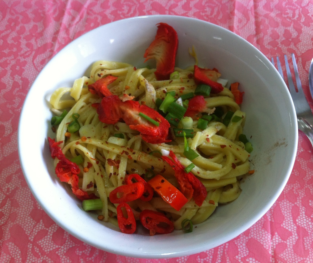 Pasta for breakfast at a vipassana silent meditation retreat at Doi Suthep Buddhist temple in Chiang Mai, Thailand