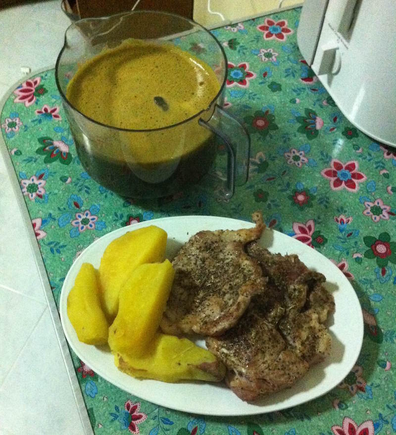 Pork chops, sweet potatoes and green juice