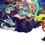 Silhouette of man smoking a pipe with colorful imagery depicted in the smoke to represent creativity and psychedelics